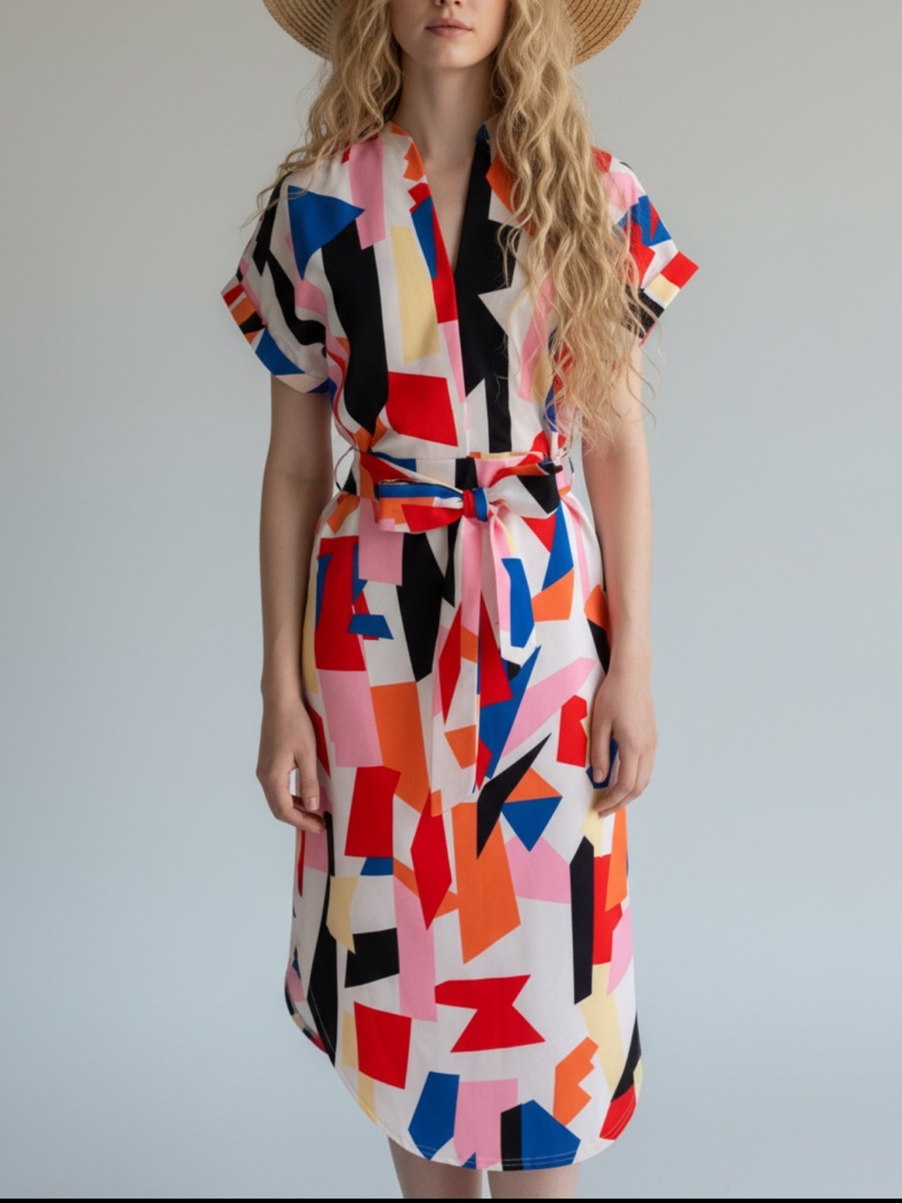 NWOT-Geo-Block Belted Midi Dress in Multicolor